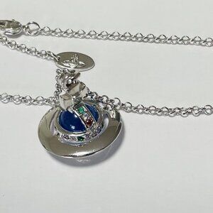 New Silver Vivienne Westwood Glacier Blue Saturn Orb Long chain Necklace